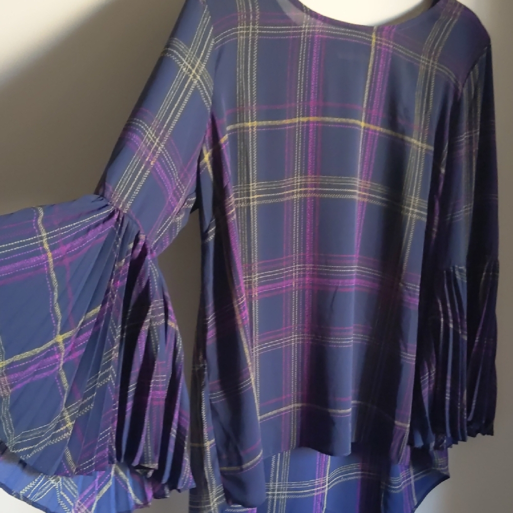 Susan Graver Blue and Purple Plaid Blouse with Flare Sleeves